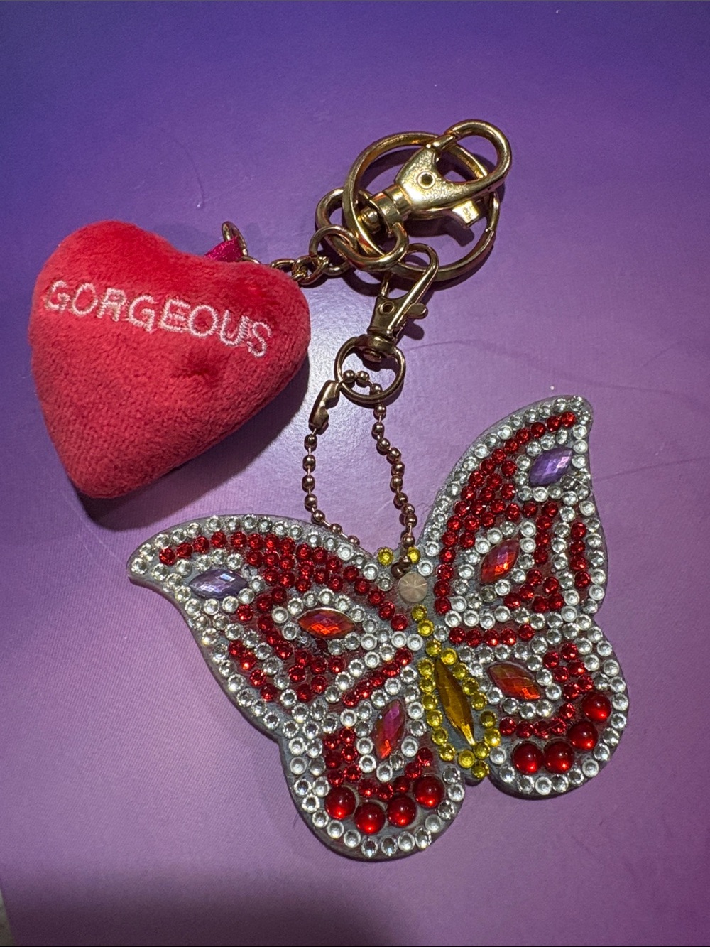 Red Crystal Butterfly Keychain Charm with Plush 'Gorgeous' Heart